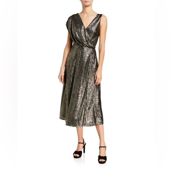 Alice + Olivia Roxy Front-Drape Metallic Midi Dress Size 4 - Picture 1 of 5
